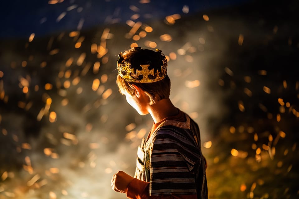 Boy wearing a crown, silhouetted by golden sparks