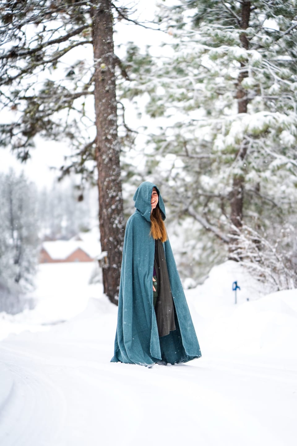 Figure in a green cloak standing in a snowy forest