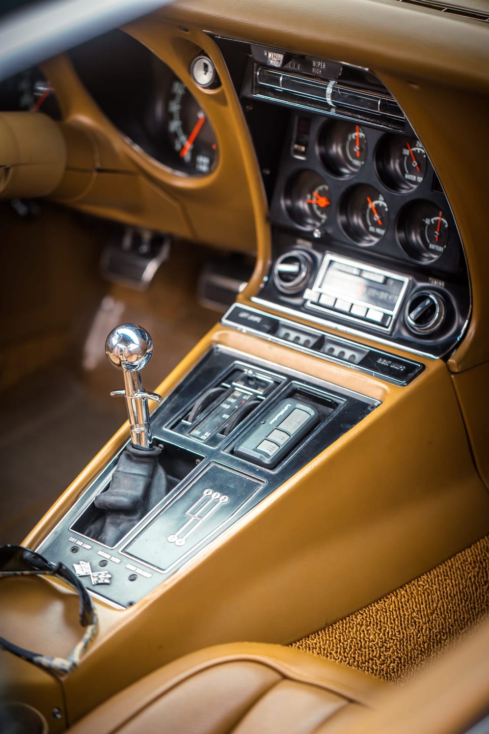 Vintage car dashboard gauges and shifter